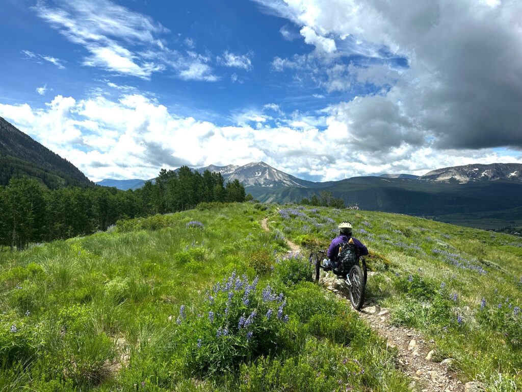 Landscape of green hills and mountains in the distance, with a person using a handbike riding down a rocky trail.