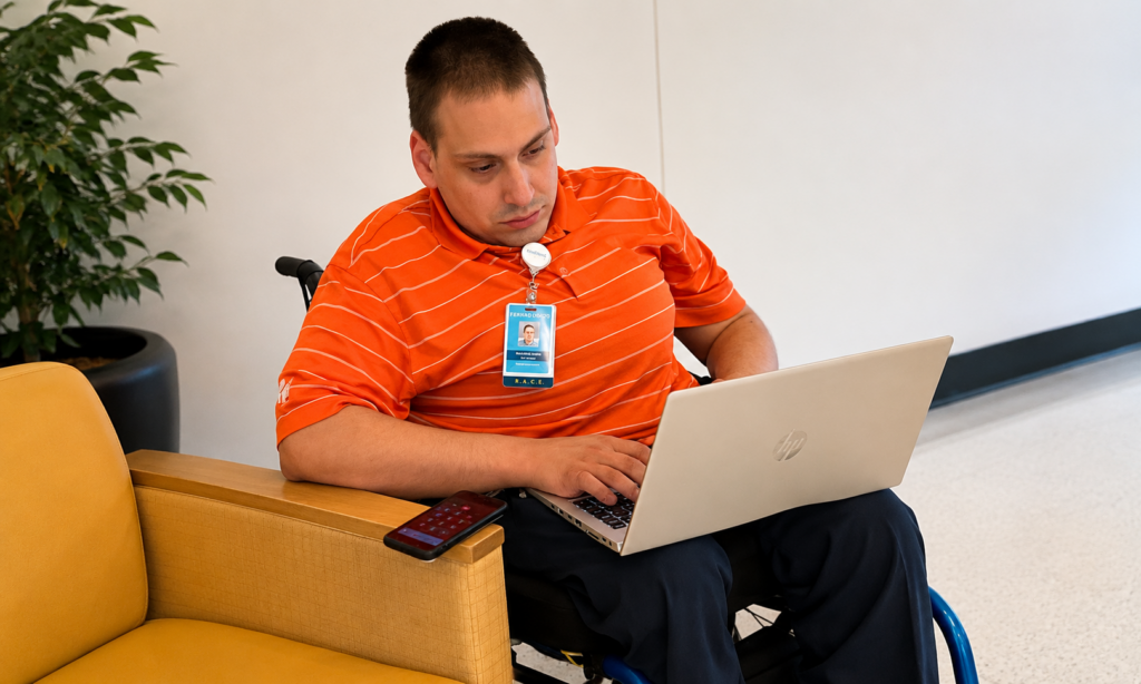 A person using a wheelchair works on a laptop while seated beside a yellow chair in a bright indoor lobby or waiting area. They are wearing an orange striped polo shirt and an identification badge, with a smartphone resting on the arm of the chair nearby. A potted plant is visible in the background.